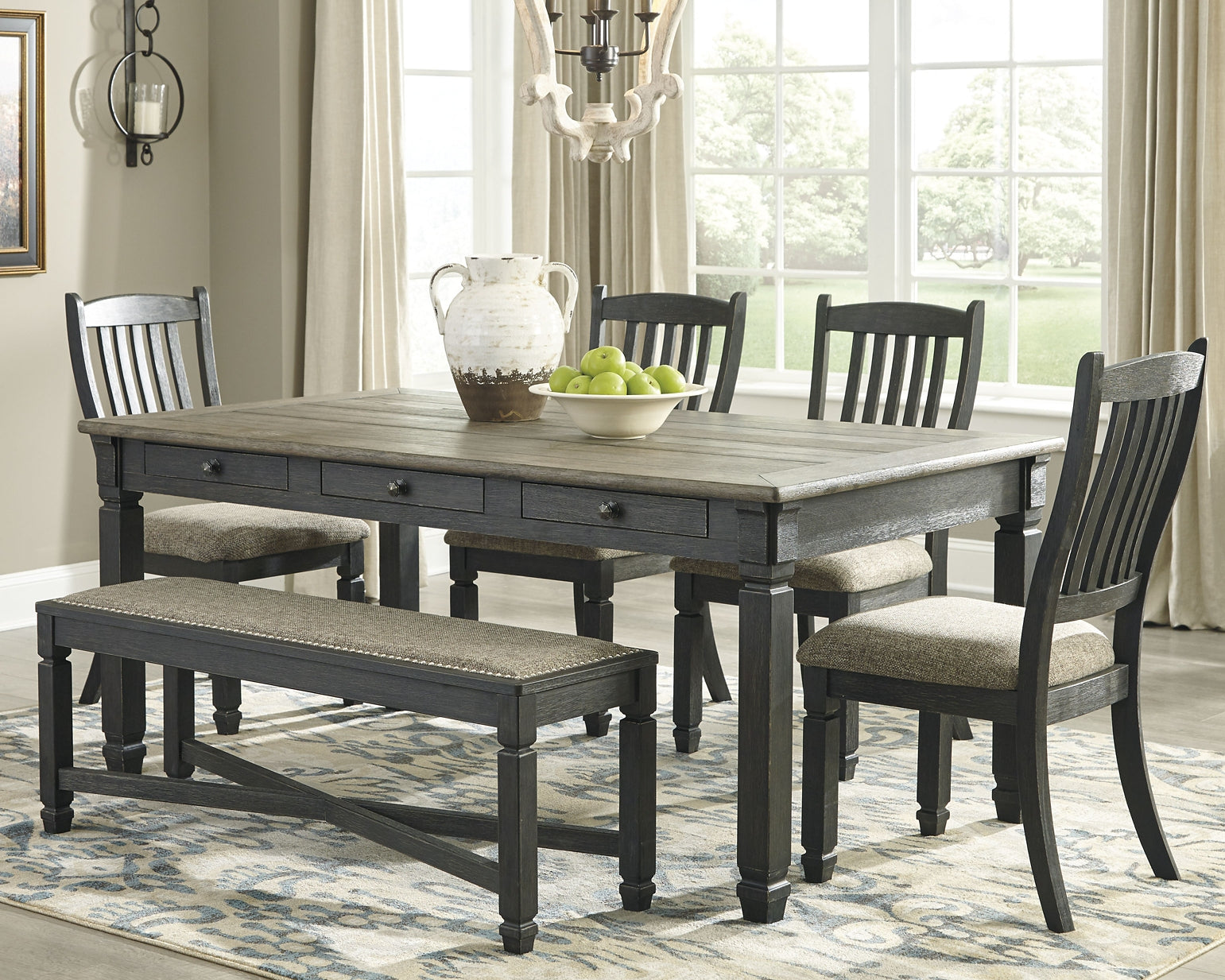 Tyler Creek Dining Table and 4 Chairs and Bench at Walker Mattress and Furniture Locations in Cedar Park and Belton TX.