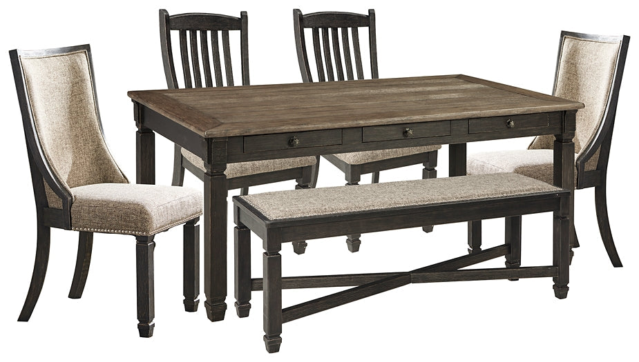 Tyler Creek Dining Table and 4 Chairs and Bench at Walker Mattress and Furniture Locations in Cedar Park and Belton TX.