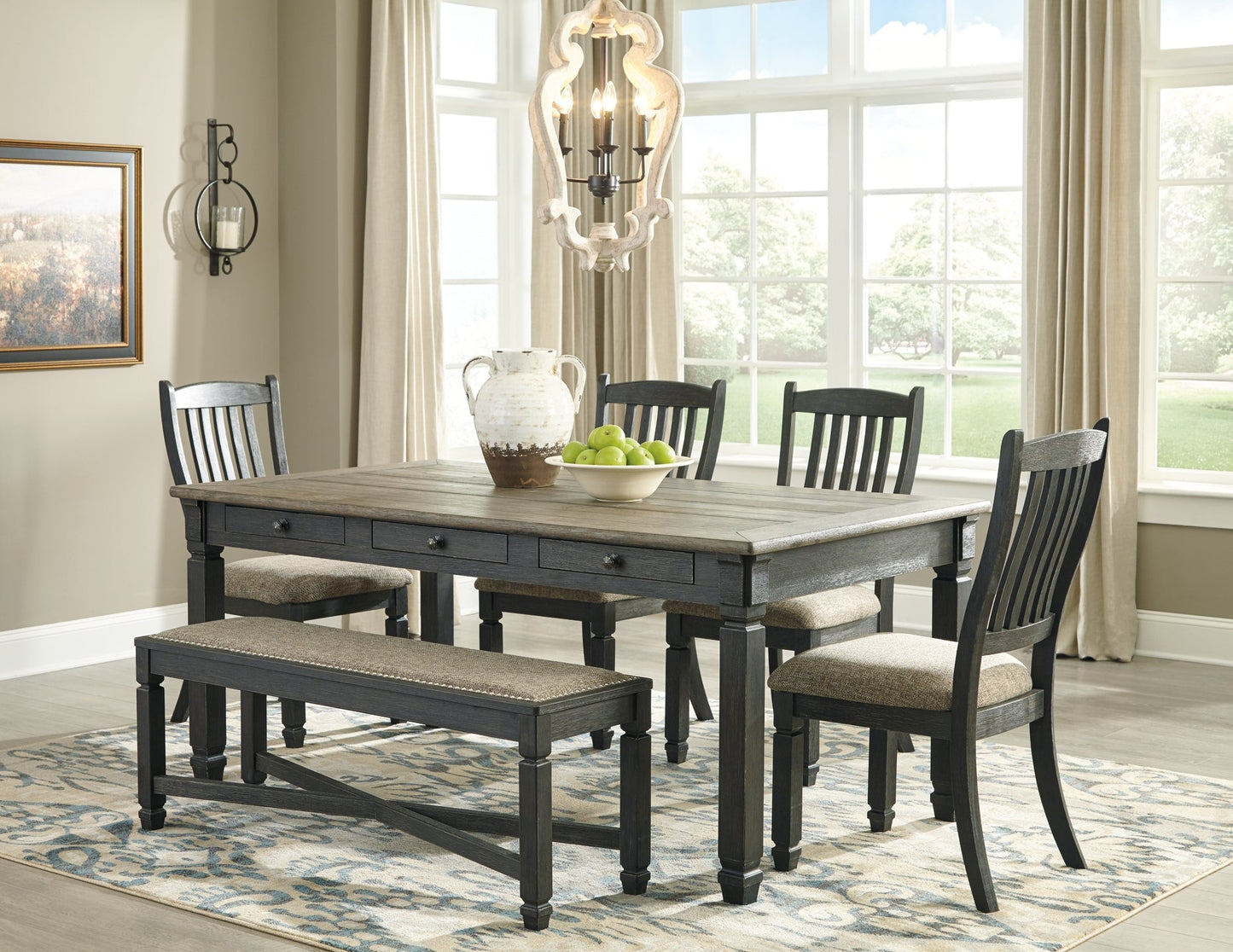 Tyler Creek Dining Table and 4 Chairs and Bench at Walker Mattress and Furniture Locations in Cedar Park and Belton TX.