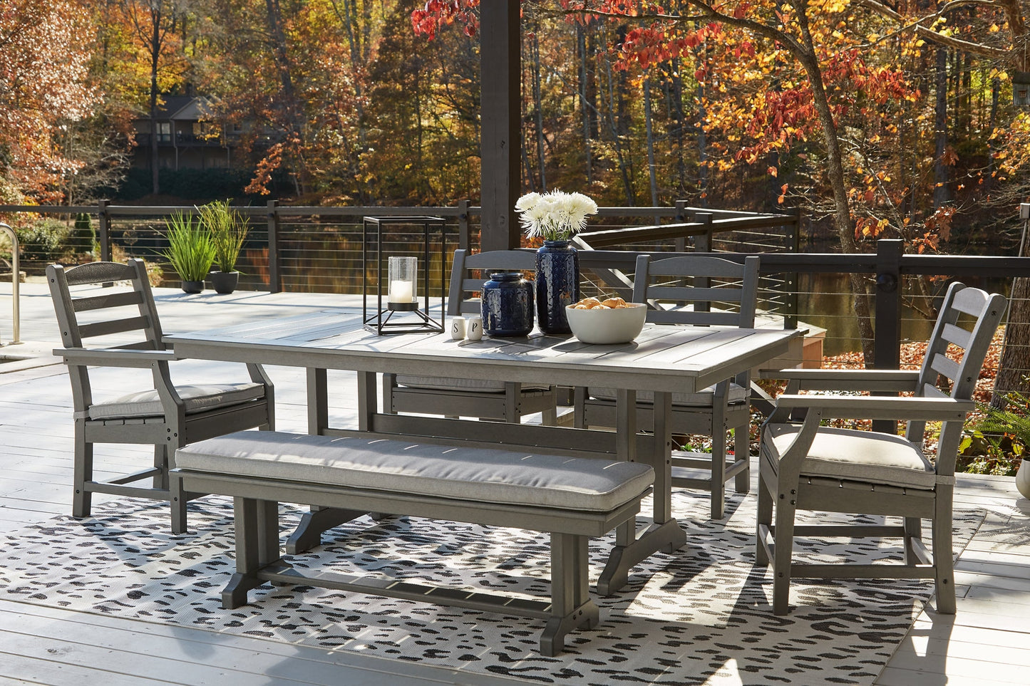 Visola Outdoor Dining Table and 4 Chairs and Bench at Walker Mattress and Furniture Locations in Cedar Park and Belton TX.