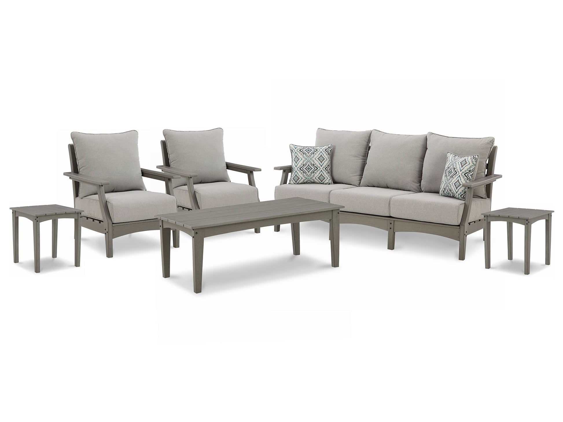 Visola Outdoor Sofa and  2 Lounge Chairs with Coffee Table and 2 End Tables at Walker Mattress and Furniture Locations in Cedar Park and Belton TX.