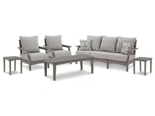 Visola Outdoor Sofa and  2 Lounge Chairs with Coffee Table and 2 End Tables at Walker Mattress and Furniture Locations in Cedar Park and Belton TX.