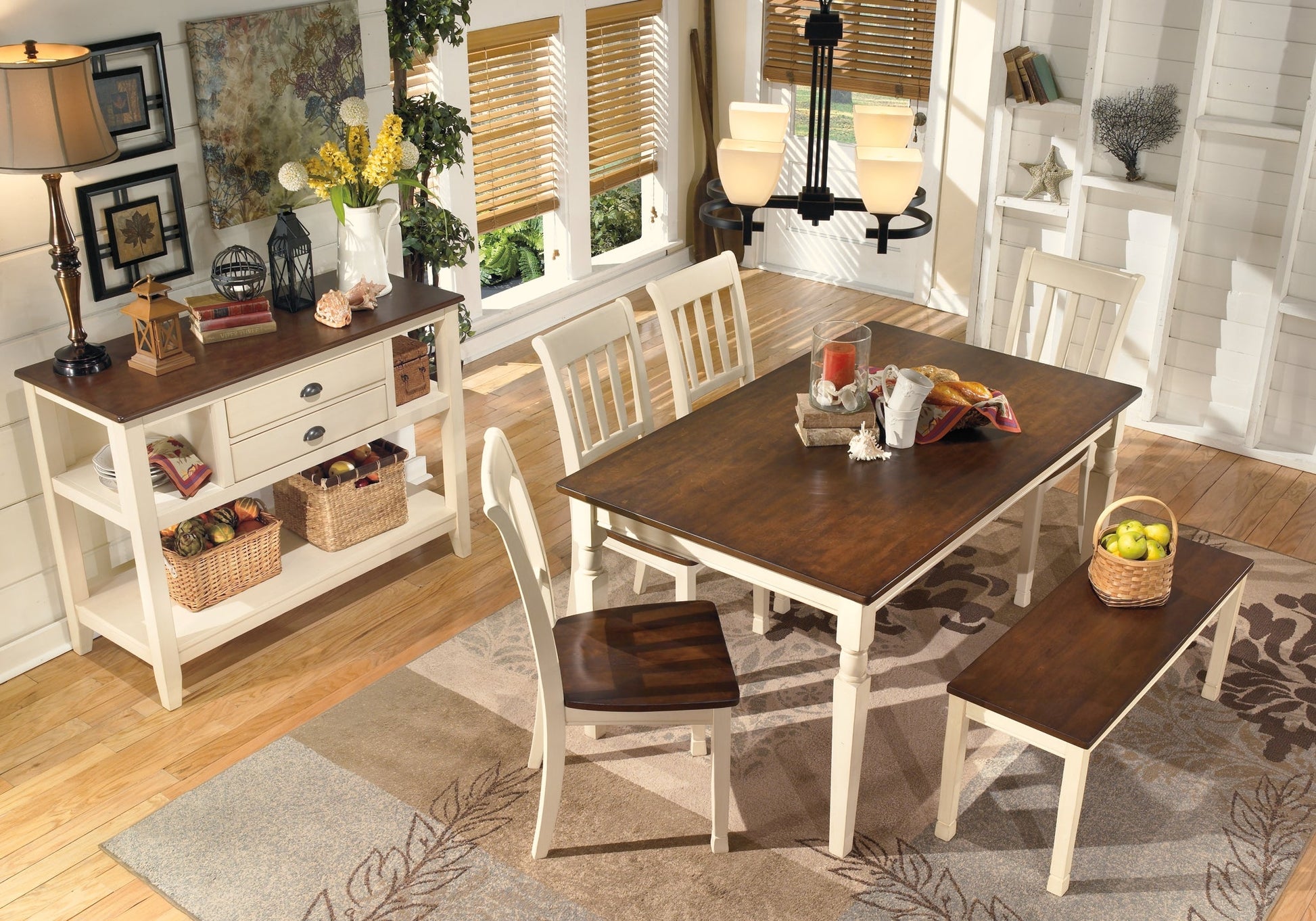 Whitesburg Dining Table and 4 Chairs and Bench at Walker Mattress and Furniture Locations in Cedar Park and Belton TX.