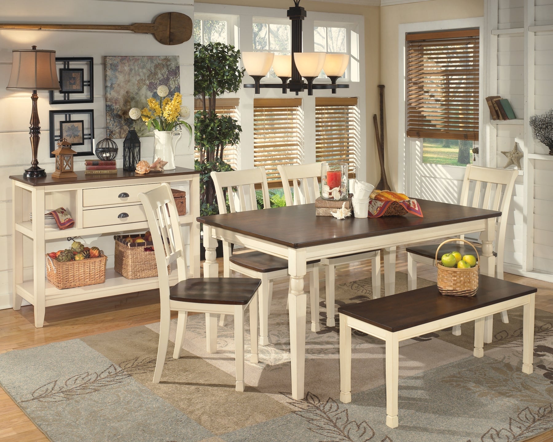 Whitesburg Dining Table and 4 Chairs and Bench with Storage at Walker Mattress and Furniture Locations in Cedar Park and Belton TX.