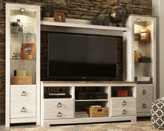 Willowton 4-Piece Entertainment Center at Walker Mattress and Furniture Locations in Cedar Park and Belton TX.
