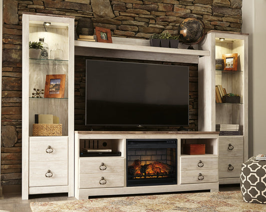 Willowton 4-Piece Entertainment Center with Electric Fireplace at Walker Mattress and Furniture Locations in Cedar Park and Belton TX.