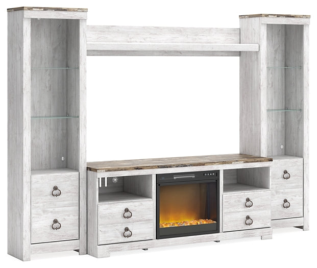 Willowton 4-Piece Entertainment Center with Electric Fireplace at Walker Mattress and Furniture Locations in Cedar Park and Belton TX.