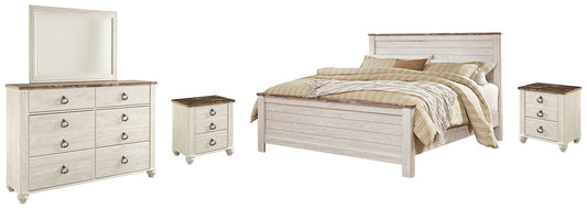 Willowton California King Panel Bed with Mirrored Dresser and 2 Nightstands at Walker Mattress and Furniture Locations in Cedar Park and Belton TX.
