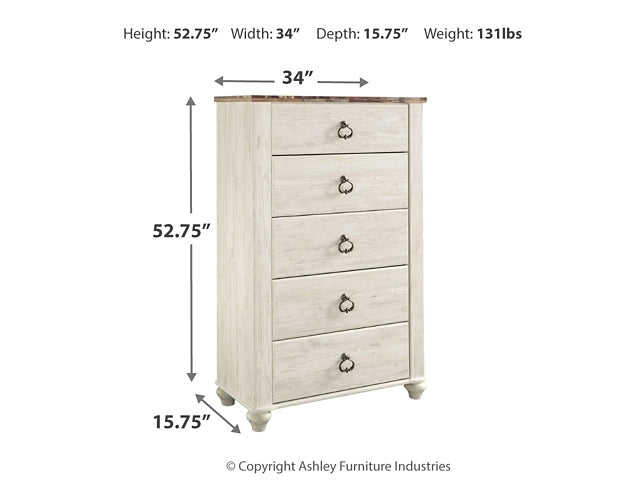 Willowton Five Drawer Chest at Walker Mattress and Furniture Locations in Cedar Park and Belton TX.