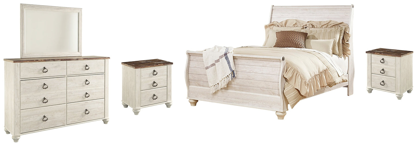 Willowton King Sleigh Bed with Mirrored Dresser and 2 Nightstands at Walker Mattress and Furniture Locations in Cedar Park and Belton TX.