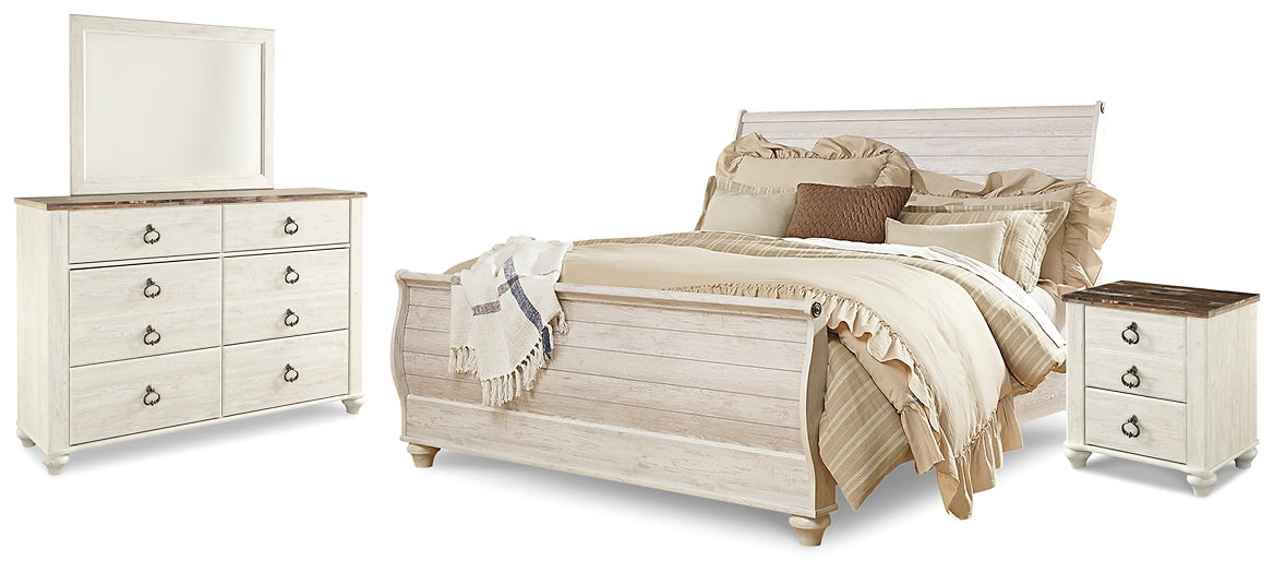 Willowton King Sleigh Bed with Mirrored Dresser and Nightstand at Walker Mattress and Furniture Locations in Cedar Park and Belton TX.