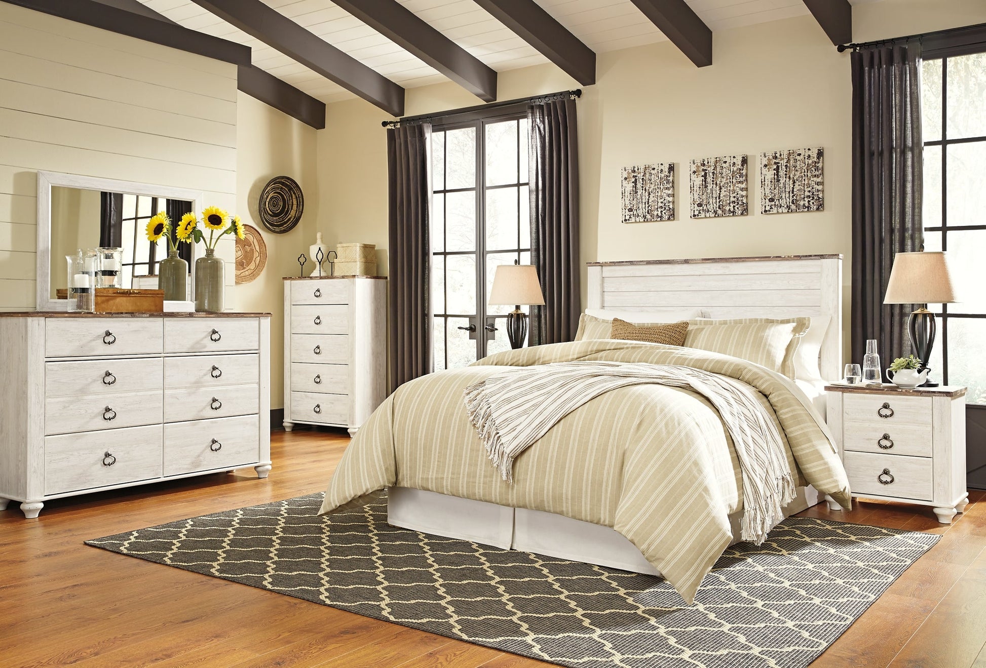 Willowton Queen/Full Panel Headboard with Mirrored Dresser, Chest and Nightstand at Walker Mattress and Furniture Locations in Cedar Park and Belton TX.