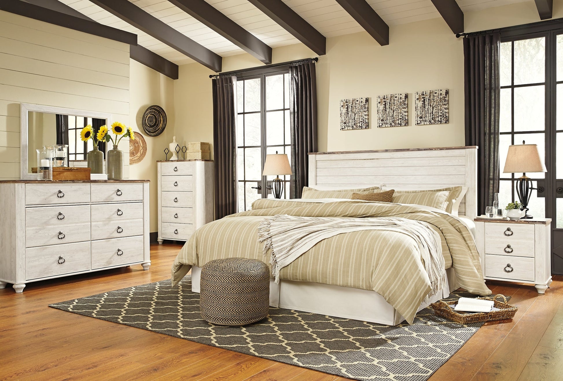 Willowton Queen/Full Panel Headboard with Mirrored Dresser, Chest and Nightstand at Walker Mattress and Furniture Locations in Cedar Park and Belton TX.