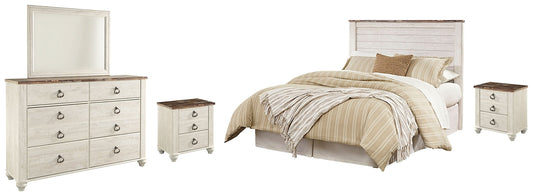 Willowton Queen/Full Panel Headboard with Mirrored Dresser and 2 Nightstands at Walker Mattress and Furniture Locations in Cedar Park and Belton TX.