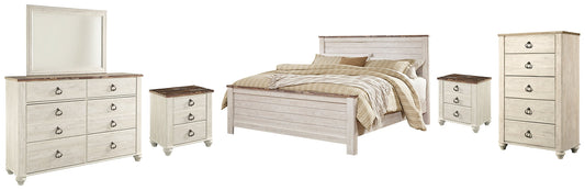 Willowton Queen Panel Bed with Mirrored Dresser, Chest and 2 Nightstands at Walker Mattress and Furniture Locations in Cedar Park and Belton TX.