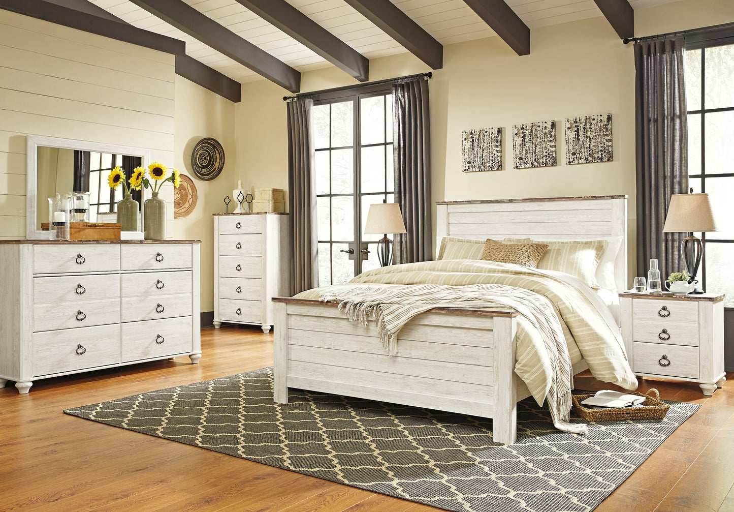 Willowton Queen Panel Bed with Mirrored Dresser, Chest and Nightstand at Walker Mattress and Furniture Locations in Cedar Park and Belton TX.