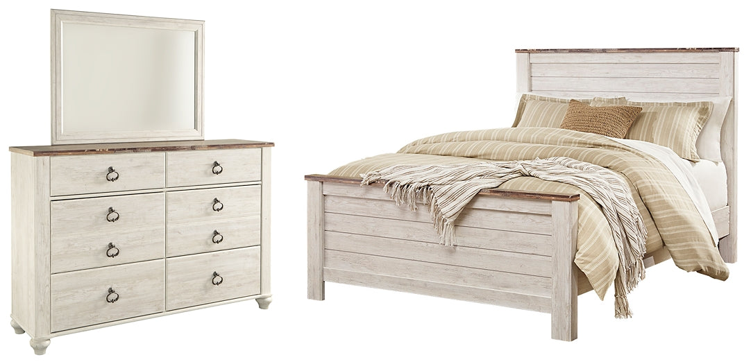 Willowton Queen Panel Bed with Mirrored Dresser at Walker Mattress and Furniture Locations in Cedar Park and Belton TX.