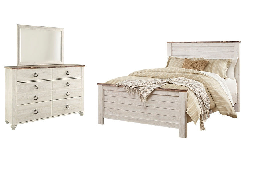 Willowton Queen Panel Bed with Mirrored Dresser at Walker Mattress and Furniture Locations in Cedar Park and Belton TX.