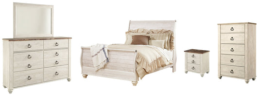Willowton Queen Sleigh Bed with Mirrored Dresser, Chest and Nightstand at Walker Mattress and Furniture Locations in Cedar Park and Belton TX.