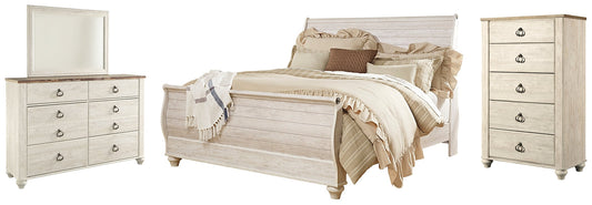 Willowton Queen Sleigh Bed with Mirrored Dresser and Chest at Walker Mattress and Furniture Locations in Cedar Park and Belton TX.