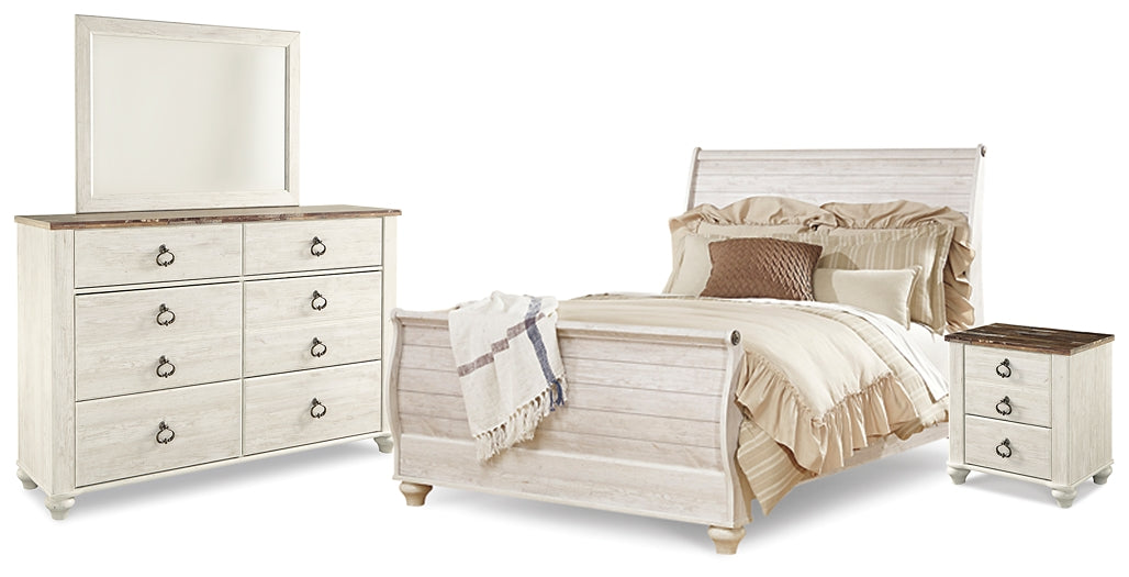 Willowton Queen Sleigh Bed with Mirrored Dresser and Nightstand at Walker Mattress and Furniture Locations in Cedar Park and Belton TX.