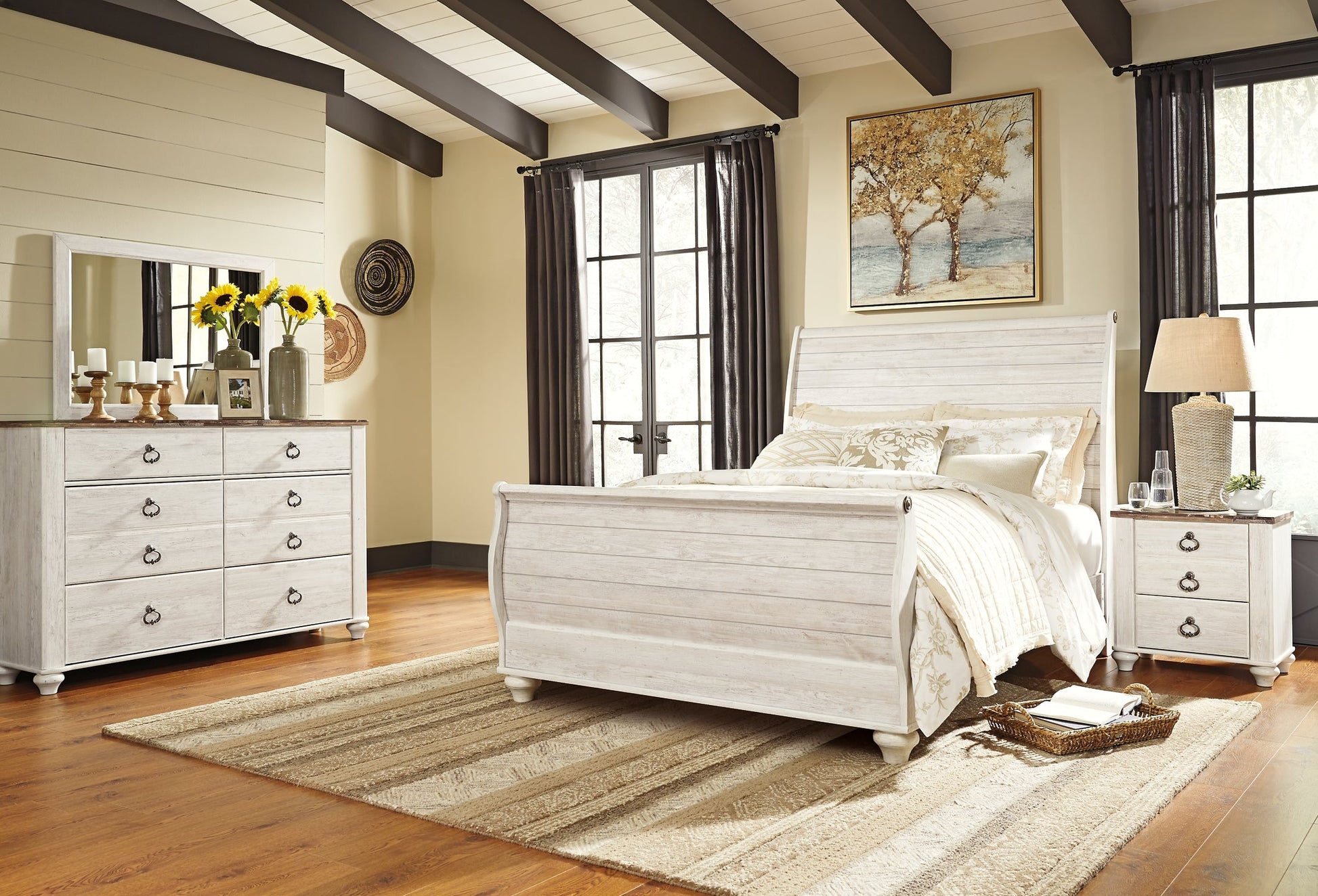 Willowton Queen Sleigh Bed with Mirrored Dresser and Nightstand at Walker Mattress and Furniture Locations in Cedar Park and Belton TX.