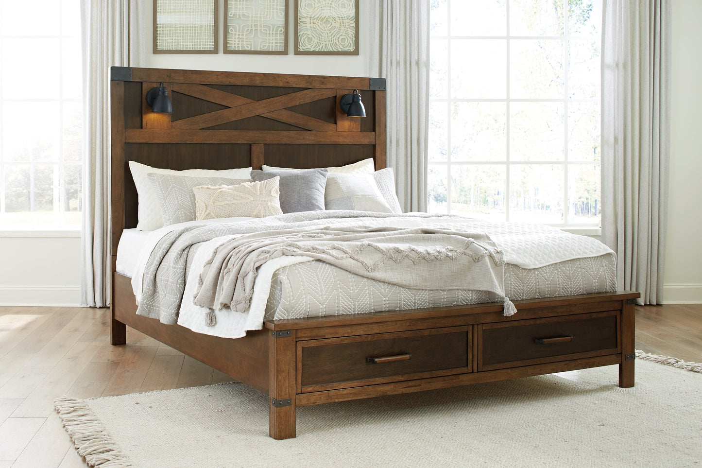 Wyattfield King Panel Bed with Mirrored Dresser, Chest and 2 Nightstands at Walker Mattress and Furniture Locations in Cedar Park and Belton TX.
