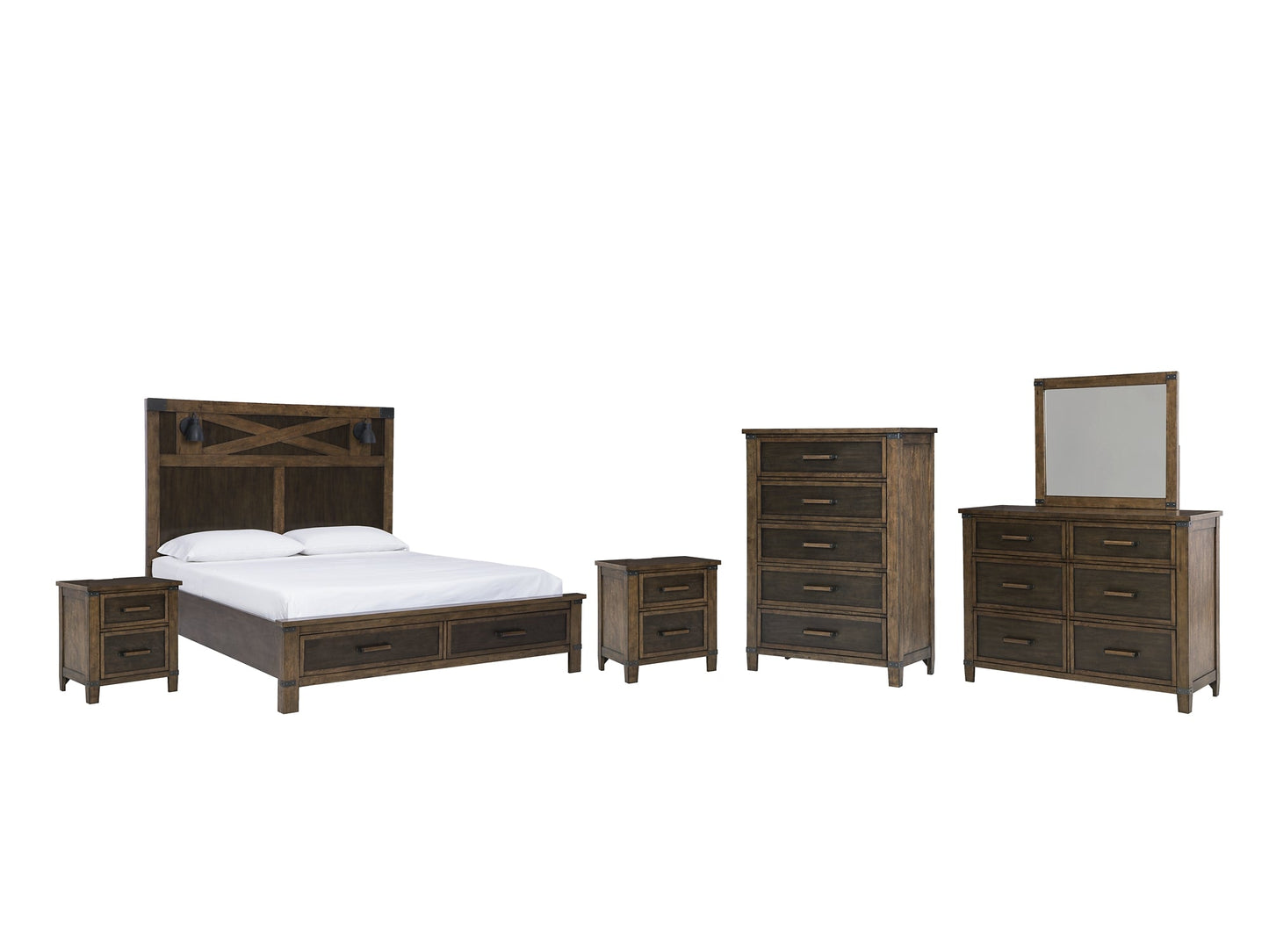 Wyattfield King Panel Bed with Mirrored Dresser, Chest and 2 Nightstands at Walker Mattress and Furniture Locations in Cedar Park and Belton TX.