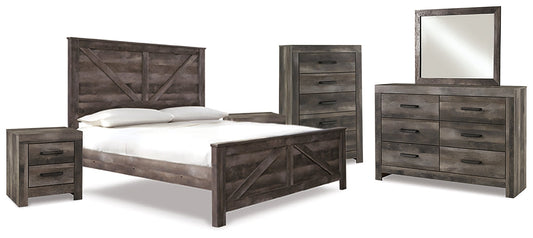 Wynnlow King Crossbuck Panel Bed with Mirrored Dresser, Chest and 2 Nightstands at Walker Mattress and Furniture Locations in Cedar Park and Belton TX.