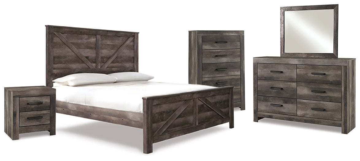 Wynnlow King Crossbuck Panel Bed with Mirrored Dresser, Chest and Nightstand at Walker Mattress and Furniture Locations in Cedar Park and Belton TX.