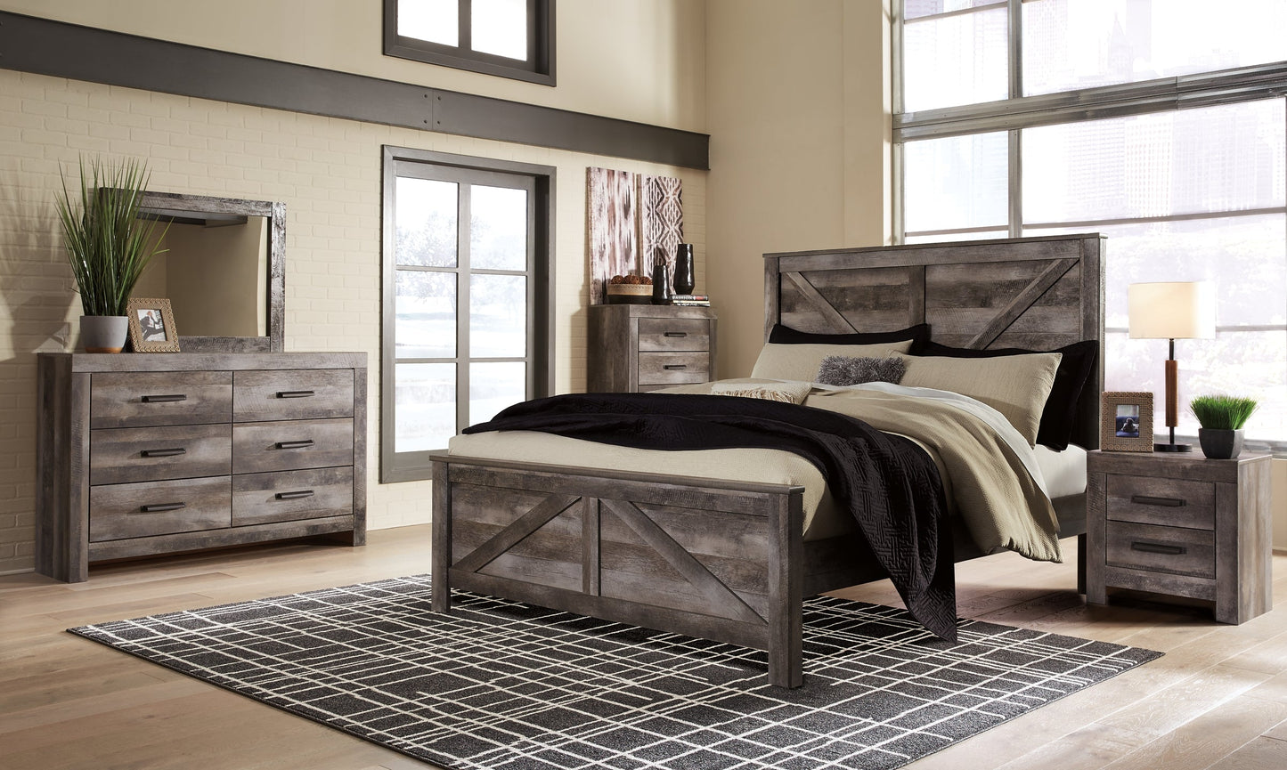 Wynnlow King Crossbuck Panel Bed with Mirrored Dresser, Chest and Nightstand at Walker Mattress and Furniture Locations in Cedar Park and Belton TX.
