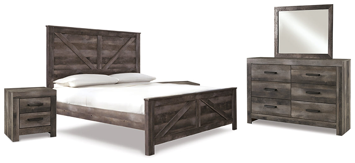 Wynnlow King Crossbuck Panel Bed with Mirrored Dresser and 2 Nightstands at Walker Mattress and Furniture Locations in Cedar Park and Belton TX.