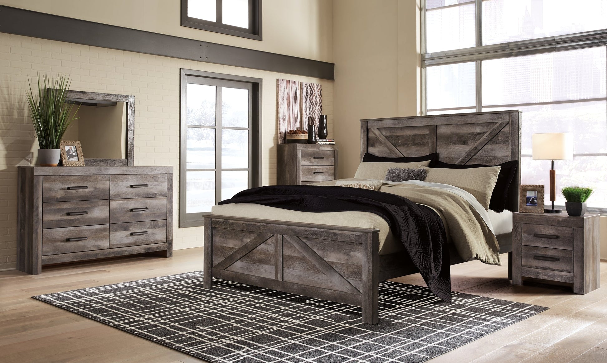 Wynnlow King Crossbuck Panel Bed with Mirrored Dresser and Chest at Walker Mattress and Furniture Locations in Cedar Park and Belton TX.