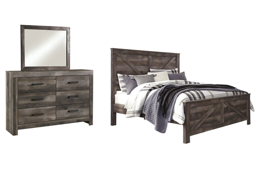Wynnlow King Crossbuck Panel Bed with Mirrored Dresser at Walker Mattress and Furniture Locations in Cedar Park and Belton TX.