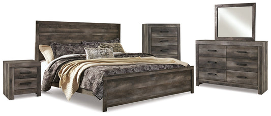 Wynnlow King Panel Bed with Mirrored Dresser, Chest and Nightstand at Walker Mattress and Furniture Locations in Cedar Park and Belton TX.