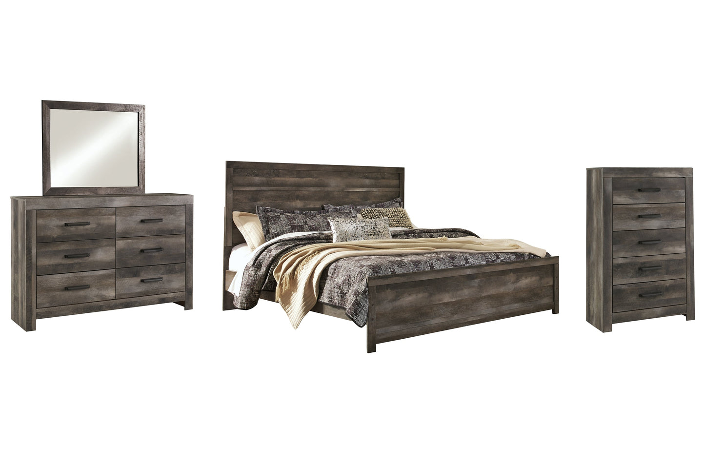 Wynnlow King Panel Bed with Mirrored Dresser and Chest at Walker Mattress and Furniture Locations in Cedar Park and Belton TX.