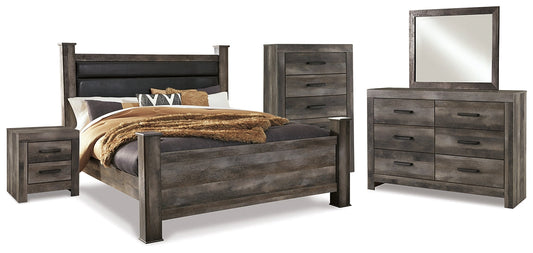 Wynnlow King Poster Bed with Mirrored Dresser, Chest and Nightstand at Walker Mattress and Furniture Locations in Cedar Park and Belton TX.