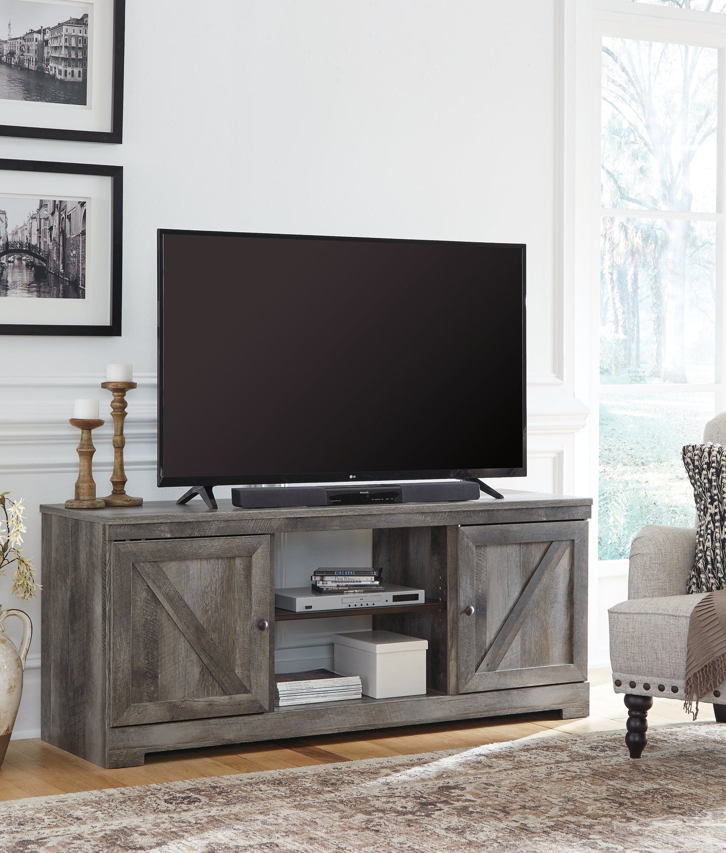 Wynnlow LG TV Stand w/Fireplace Option at Walker Mattress and Furniture Locations in Cedar Park and Belton TX.