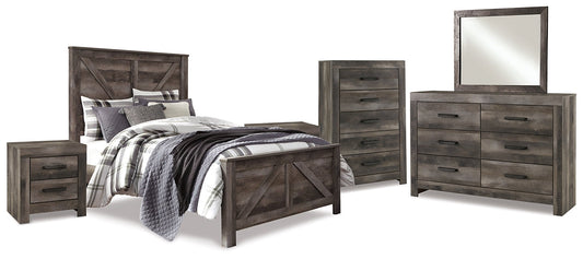 Wynnlow Queen Crossbuck Panel Bed with Mirrored Dresser, Chest and 2 Nightstands at Walker Mattress and Furniture Locations in Cedar Park and Belton TX.
