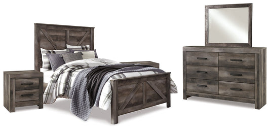 Wynnlow Queen Crossbuck Panel Bed with Mirrored Dresser and 2 Nightstands at Walker Mattress and Furniture Locations in Cedar Park and Belton TX.
