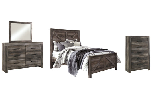 Wynnlow Queen Crossbuck Panel Bed with Mirrored Dresser and Chest at Walker Mattress and Furniture Locations in Cedar Park and Belton TX.