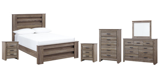 Zelen Full Panel Bed with Mirrored Dresser, Chest and 2 Nightstands at Walker Mattress and Furniture Locations in Cedar Park and Belton TX.