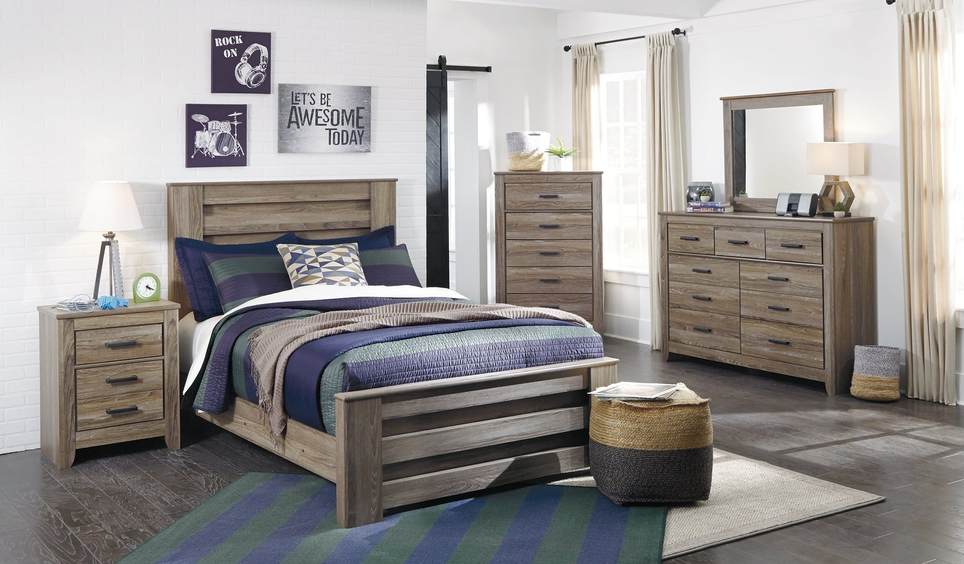 Zelen Full Panel Bed with Mirrored Dresser, Chest and Nightstand at Walker Mattress and Furniture Locations in Cedar Park and Belton TX.