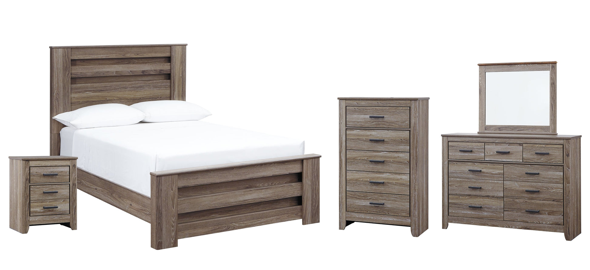 Zelen Full Panel Bed with Mirrored Dresser, Chest and Nightstand at Walker Mattress and Furniture Locations in Cedar Park and Belton TX.