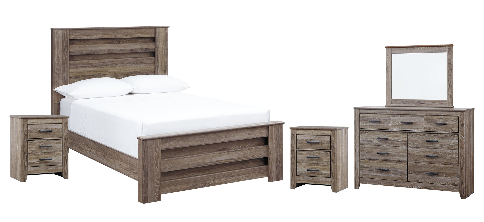 Zelen Full Panel Bed with Mirrored Dresser and 2 Nightstands at Walker Mattress and Furniture Locations in Cedar Park and Belton TX.