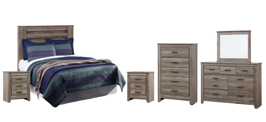 Zelen Full Panel Headboard with Mirrored Dresser, Chest and 2 Nightstands at Walker Mattress and Furniture Locations in Cedar Park and Belton TX.