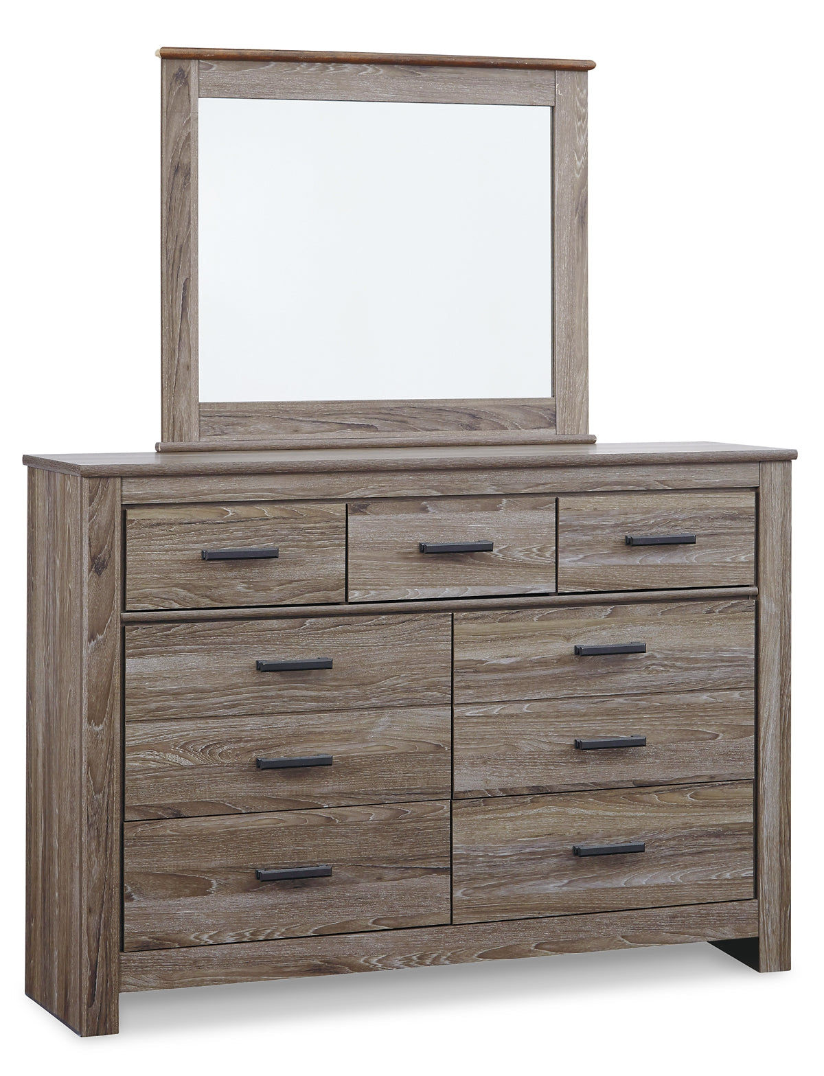 Zelen King/California King Panel Headboard with Mirrored Dresser, Chest and 2 Nightstands at Walker Mattress and Furniture Locations in Cedar Park and Belton TX.