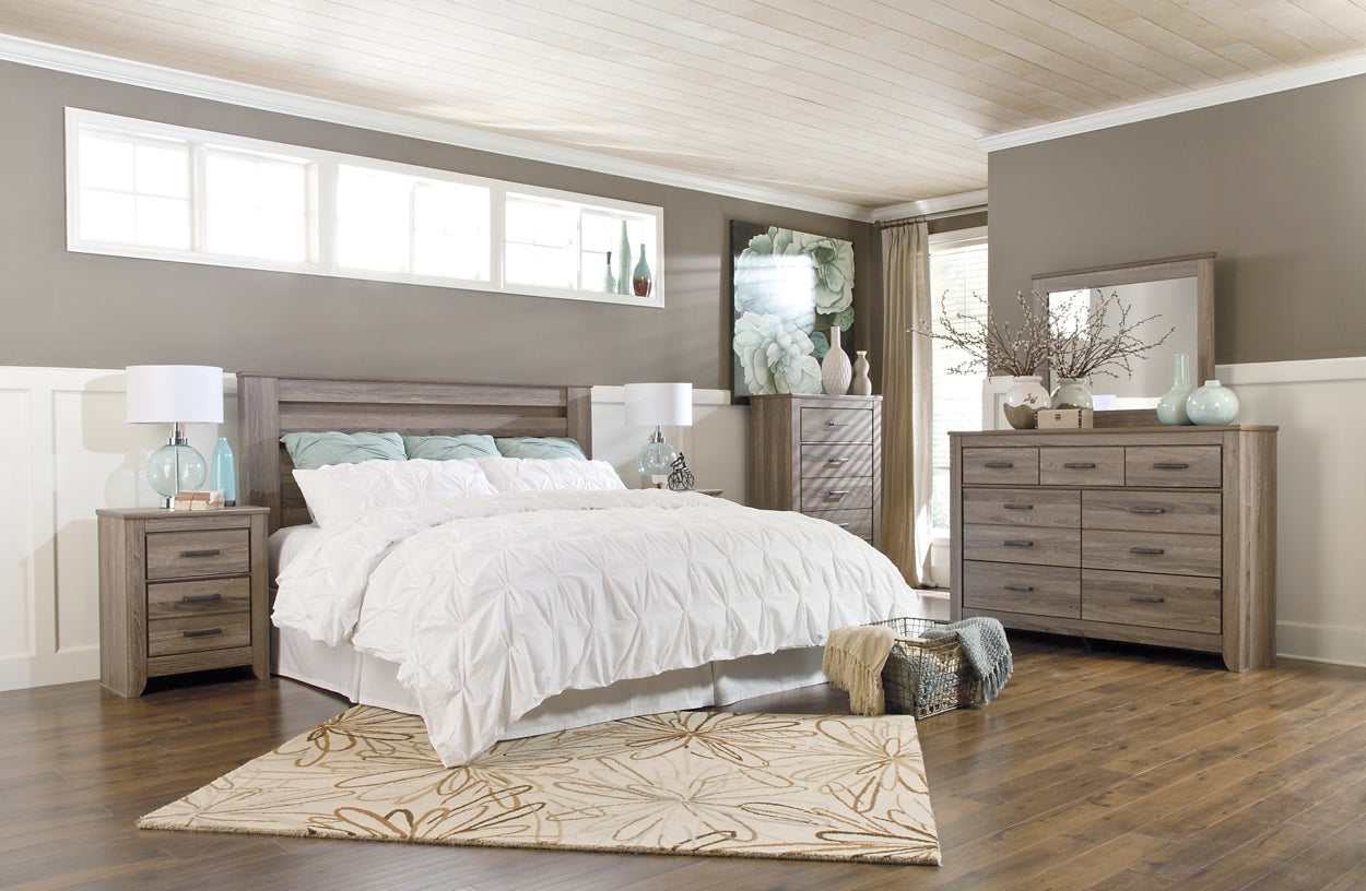 Zelen King/California King Panel Headboard with Mirrored Dresser, Chest and 2 Nightstands at Walker Mattress and Furniture Locations in Cedar Park and Belton TX.