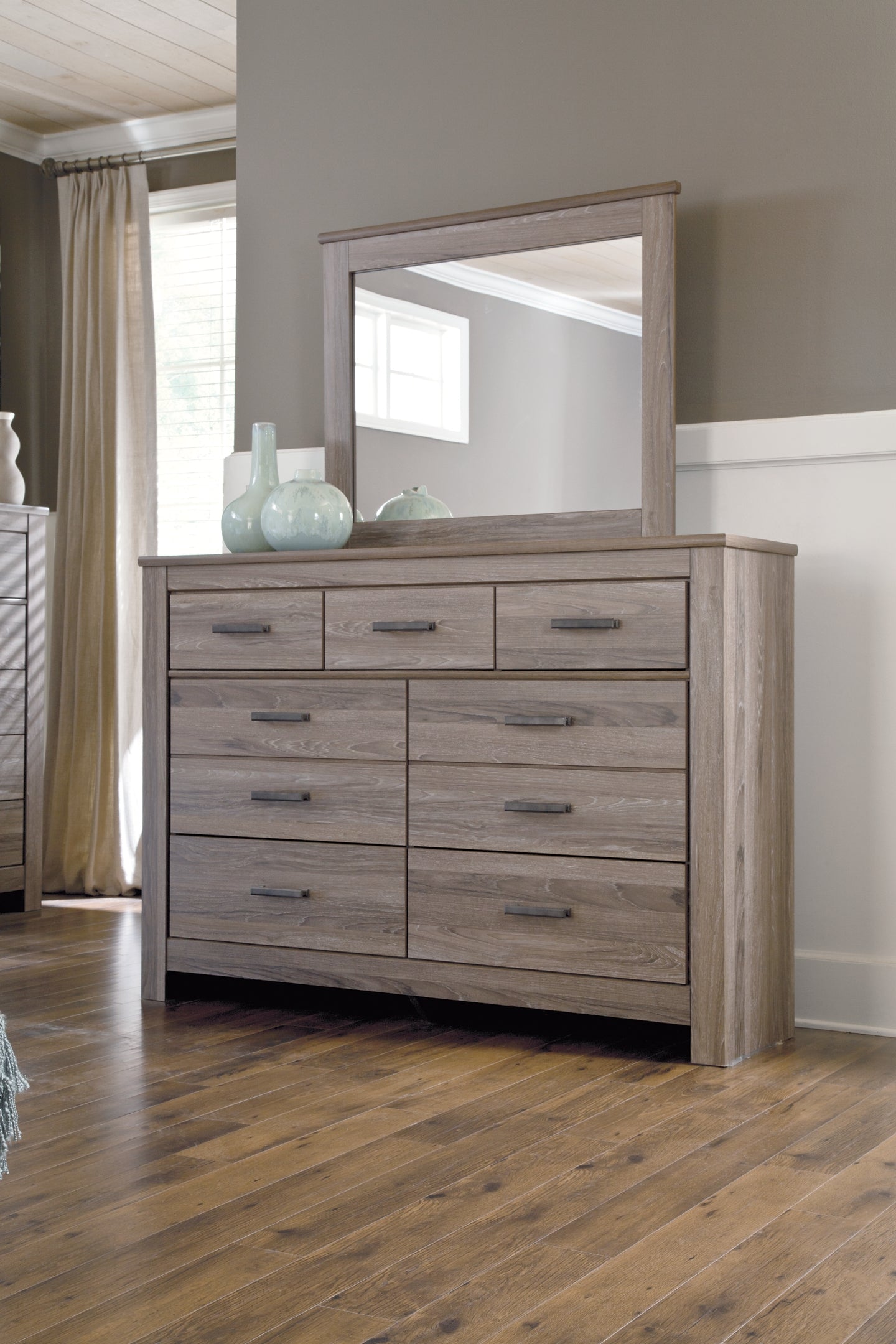 Zelen King/California King Panel Headboard with Mirrored Dresser, Chest and 2 Nightstands at Walker Mattress and Furniture Locations in Cedar Park and Belton TX.