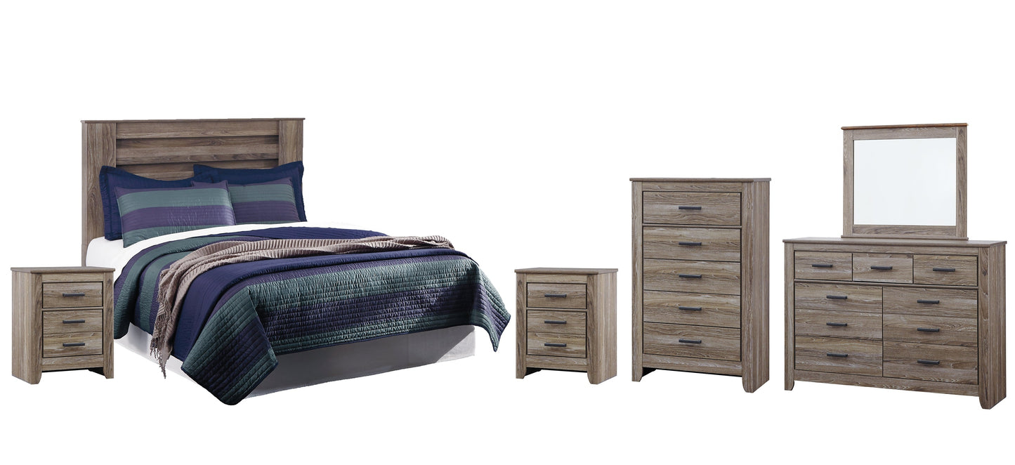 Zelen King/California King Panel Headboard with Mirrored Dresser, Chest and 2 Nightstands at Walker Mattress and Furniture Locations in Cedar Park and Belton TX.